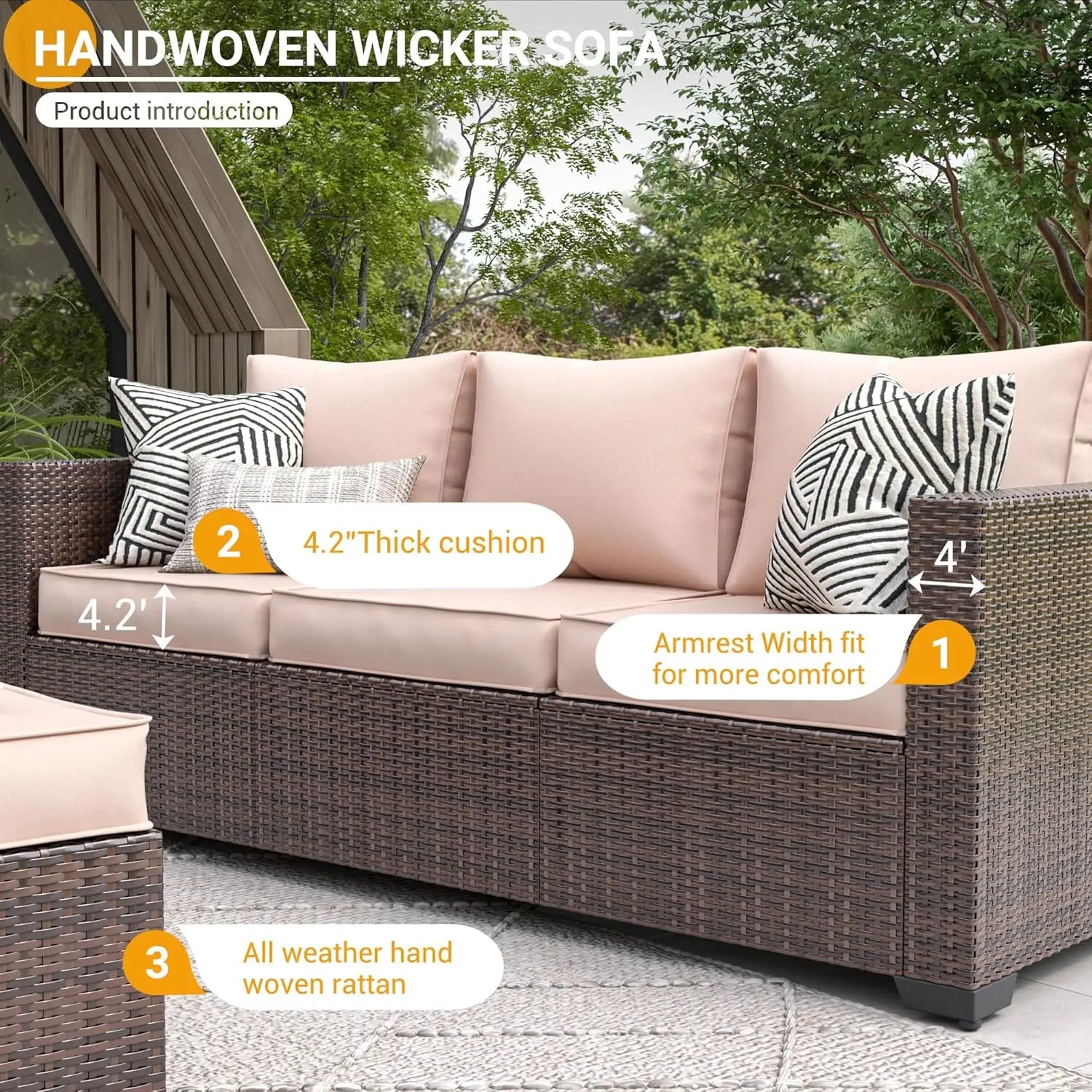 Wicker Outdoor Sectional Thick Cushions Patio Couch Chair with Ottoman & Storage Table