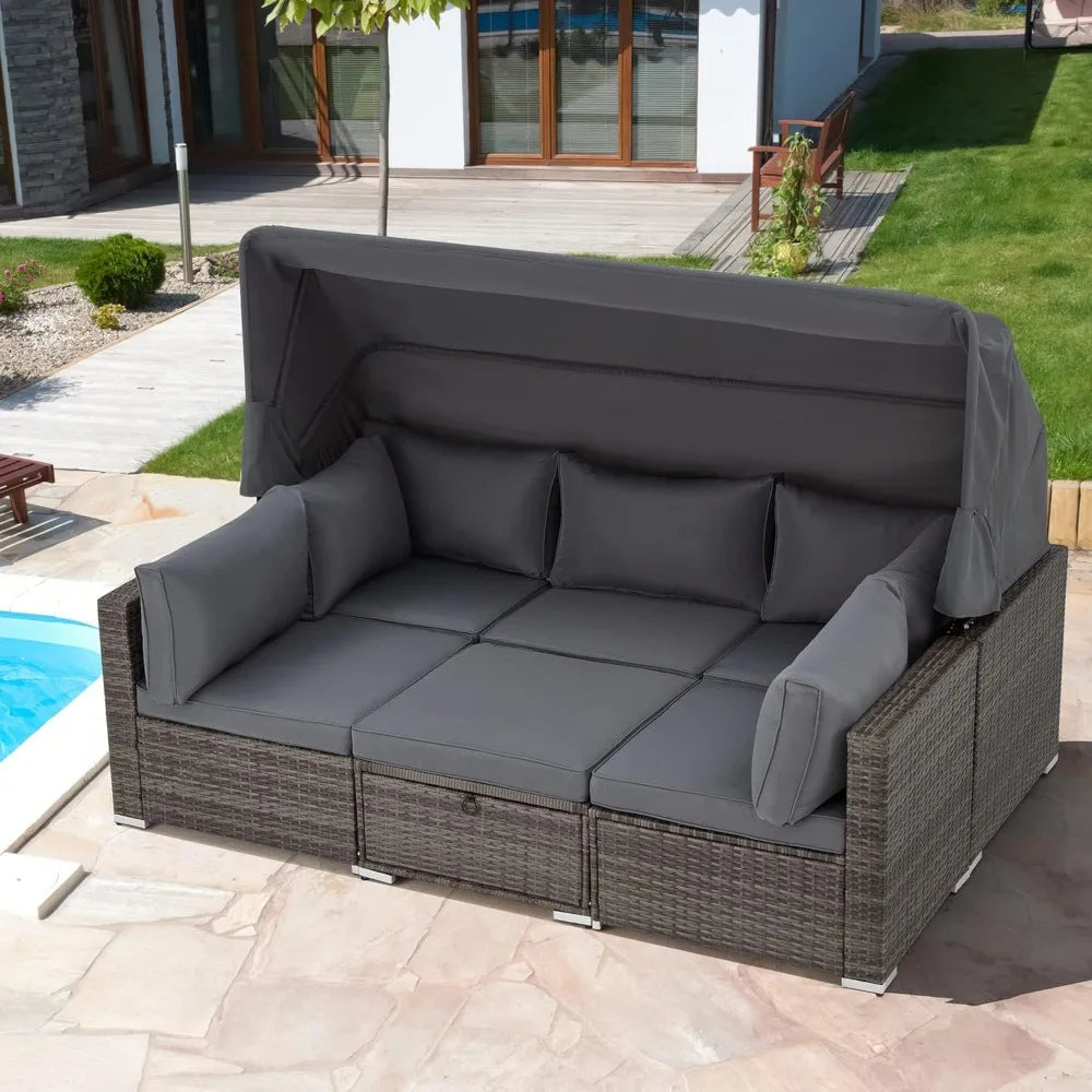 Outdoor Rattan Daybed with Retractable Canopy & Sectional Sofa Set