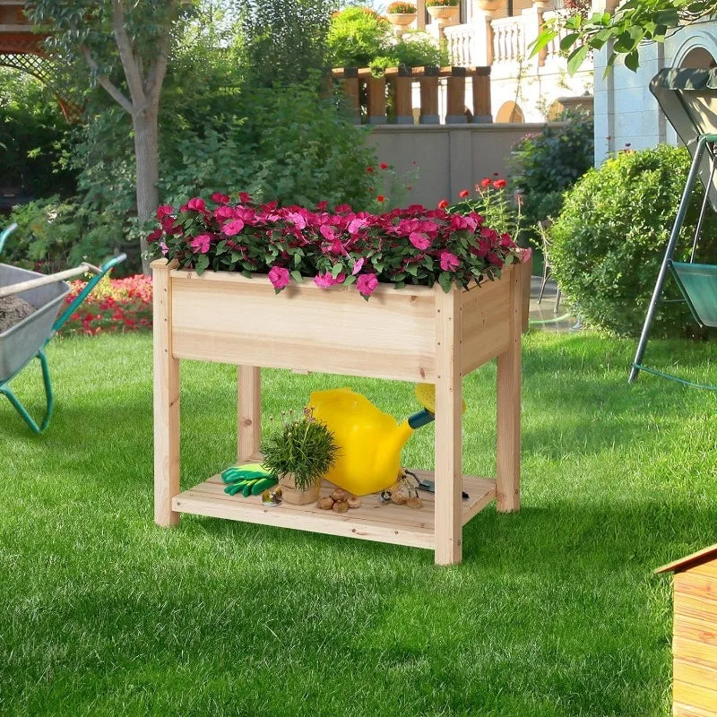 Wooden Raised Garden Bed with Legs & Storage Shelf