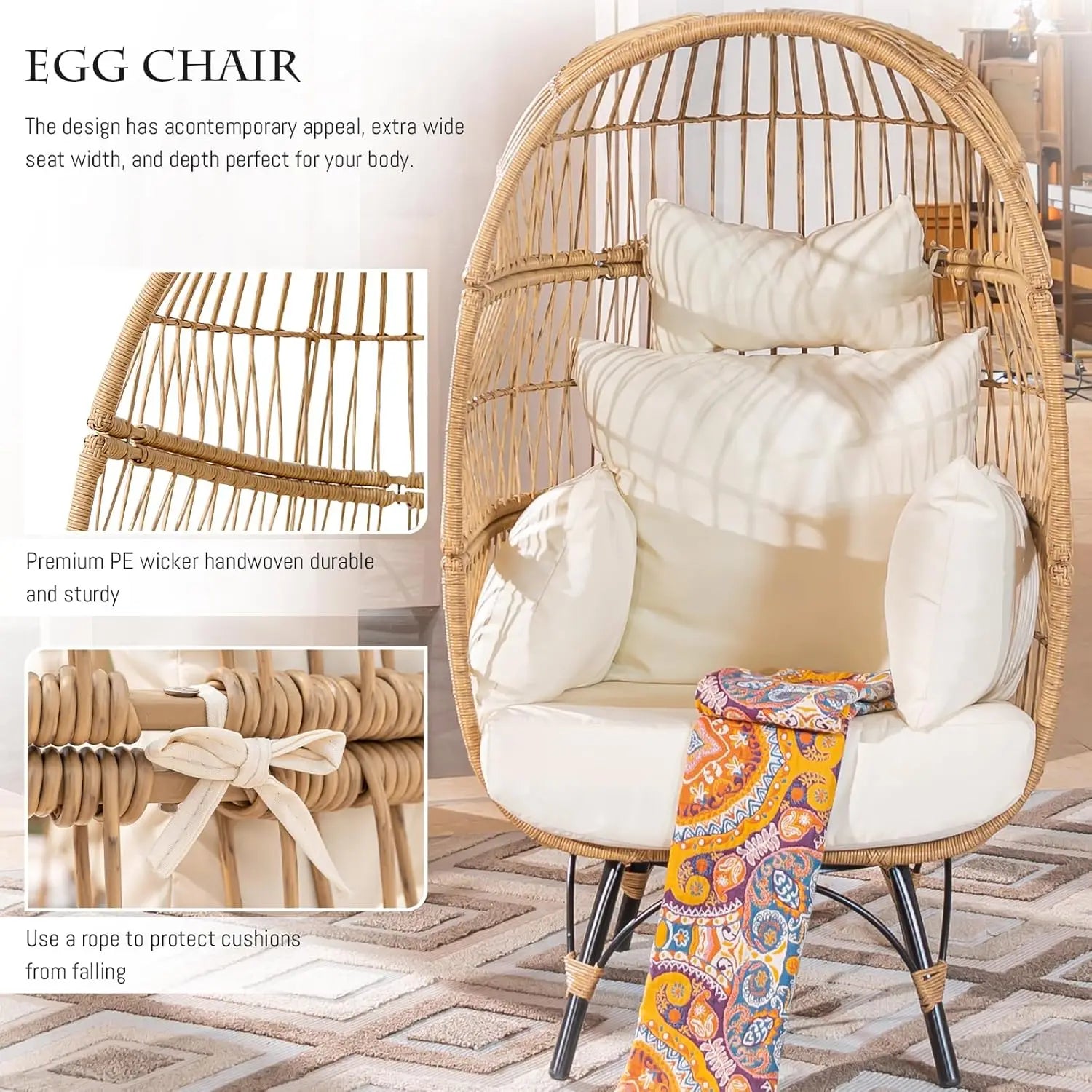 Boho Patio Furniture Outdoor Bistro Chair Set with Large Egg Chair