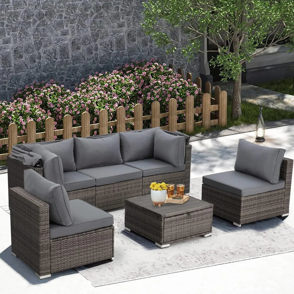 Outdoor Rattan Daybed with Retractable Canopy & Sectional Sofa Set