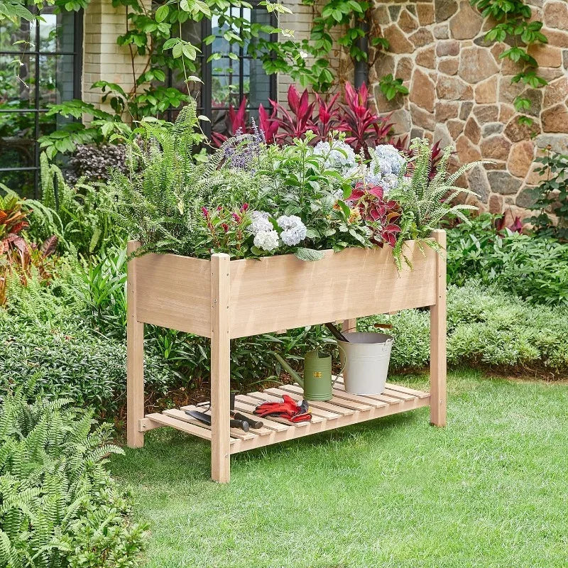 Wooden Raised Garden Bed with Legs & Storage Shelf