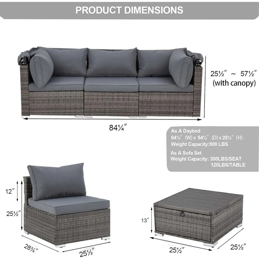 Outdoor Rattan Daybed with Retractable Canopy & Sectional Sofa Set