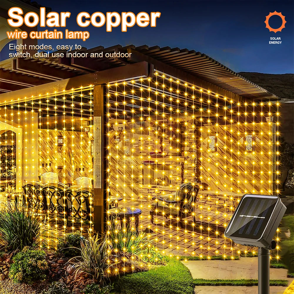 Solar LED Curtain Fairy String Lights – Outdoor Garden & Holiday Decor