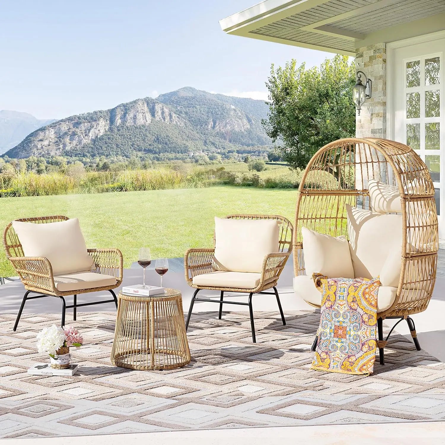 Boho Patio Furniture Outdoor Bistro Chair Set with Large Egg Chair