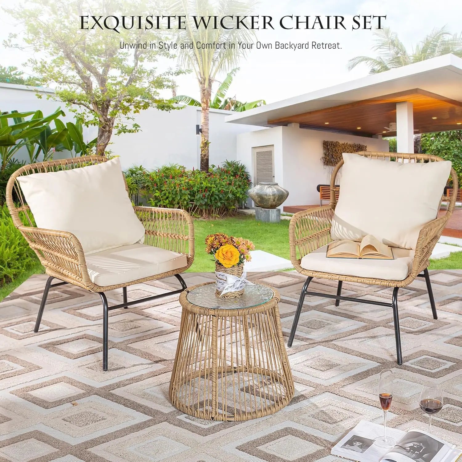 Boho Patio Furniture Outdoor Bistro Chair Set with Large Egg Chair
