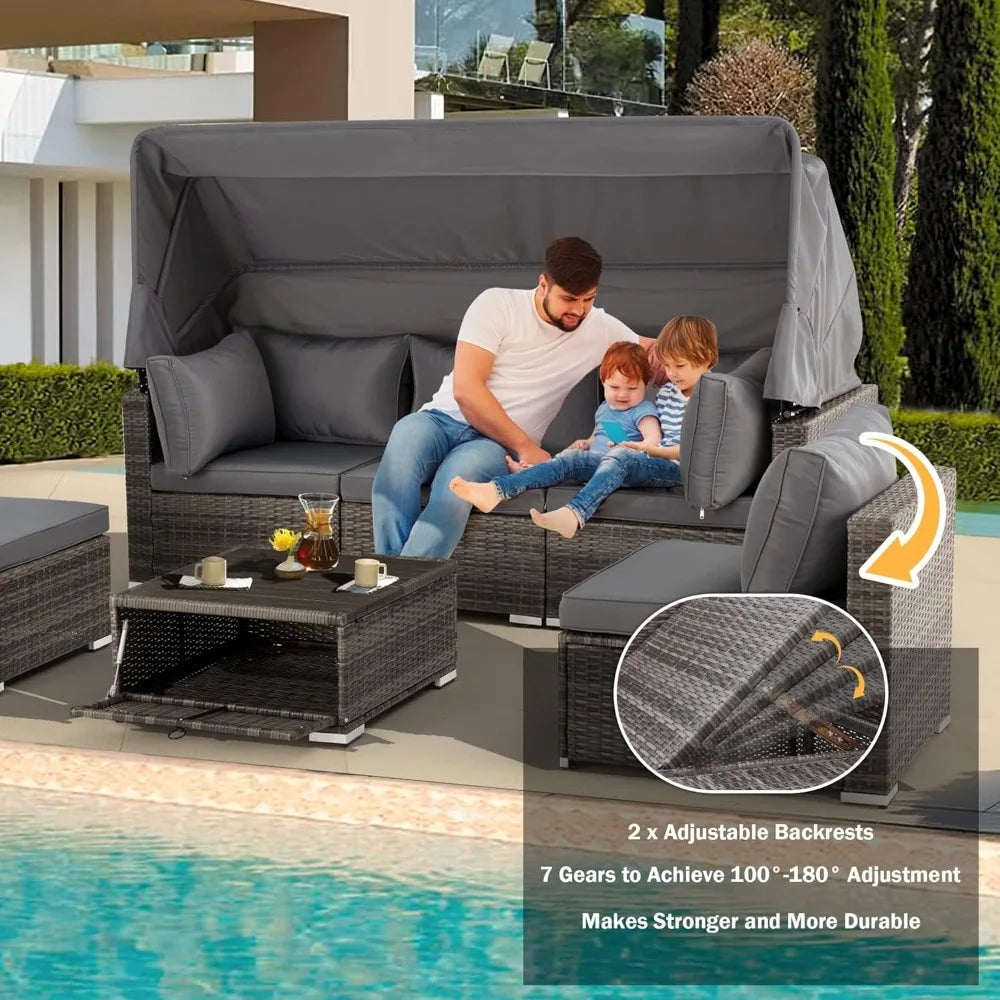 Outdoor Rattan Daybed with Retractable Canopy & Sectional Sofa Set