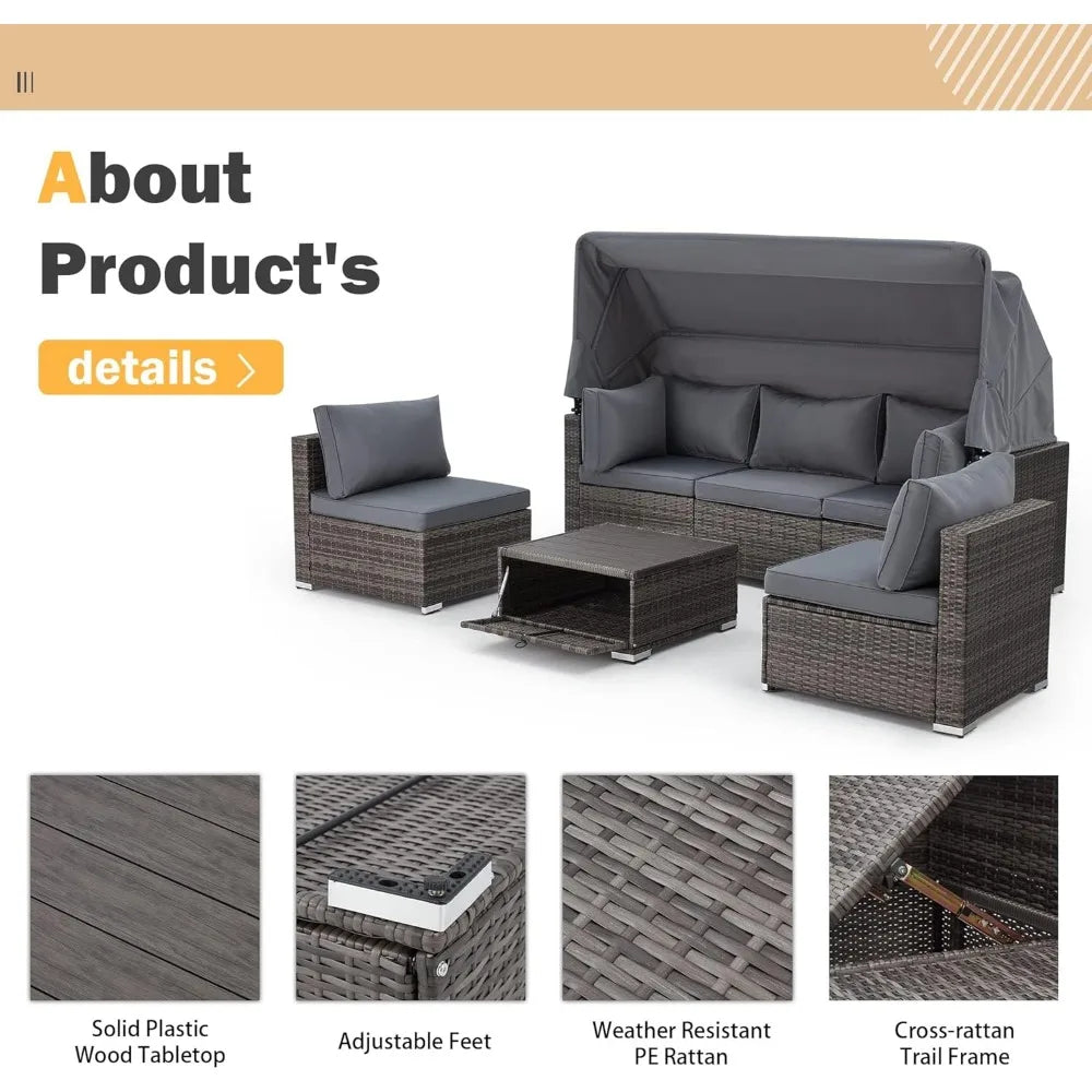 Outdoor Rattan Daybed with Retractable Canopy & Sectional Sofa Set