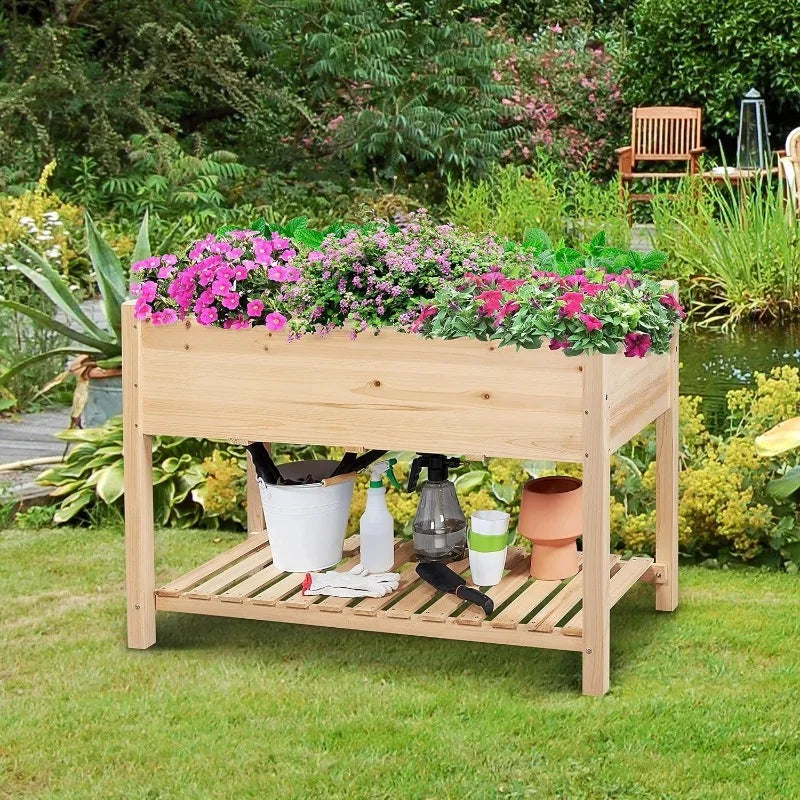 Wooden Raised Garden Bed with Legs & Storage Shelf